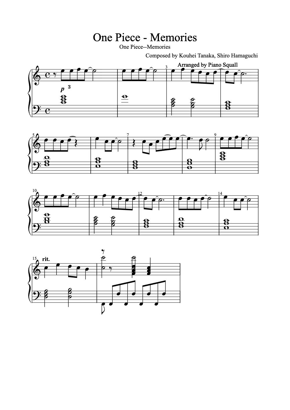 Sheet music preview for One Piece - Memories