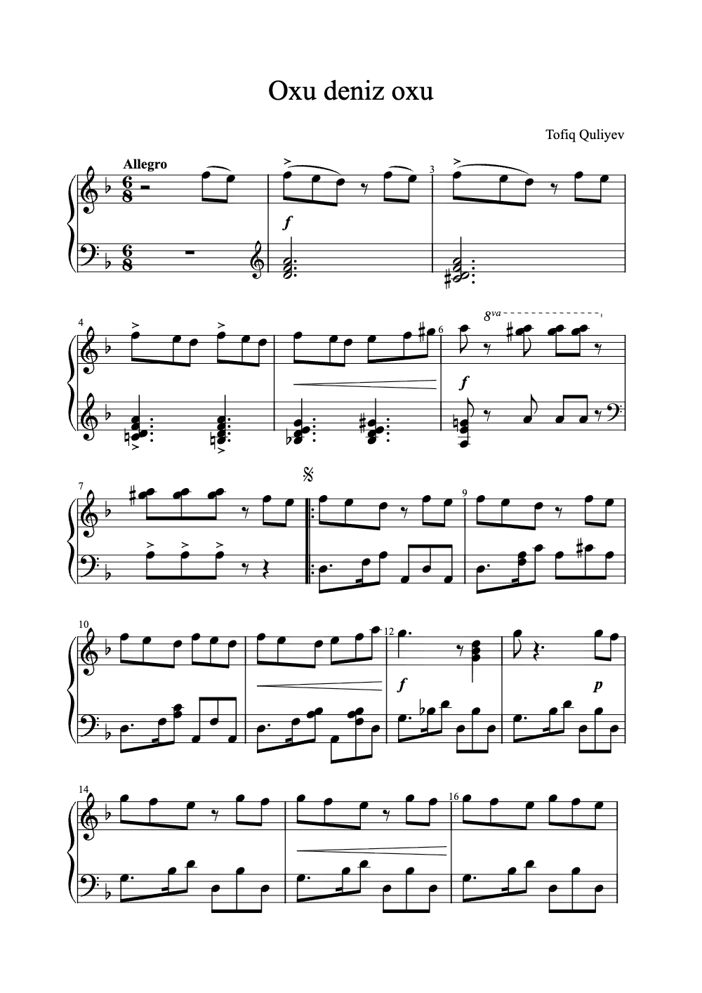 Sheet music preview for Oxu Deniz Oxu