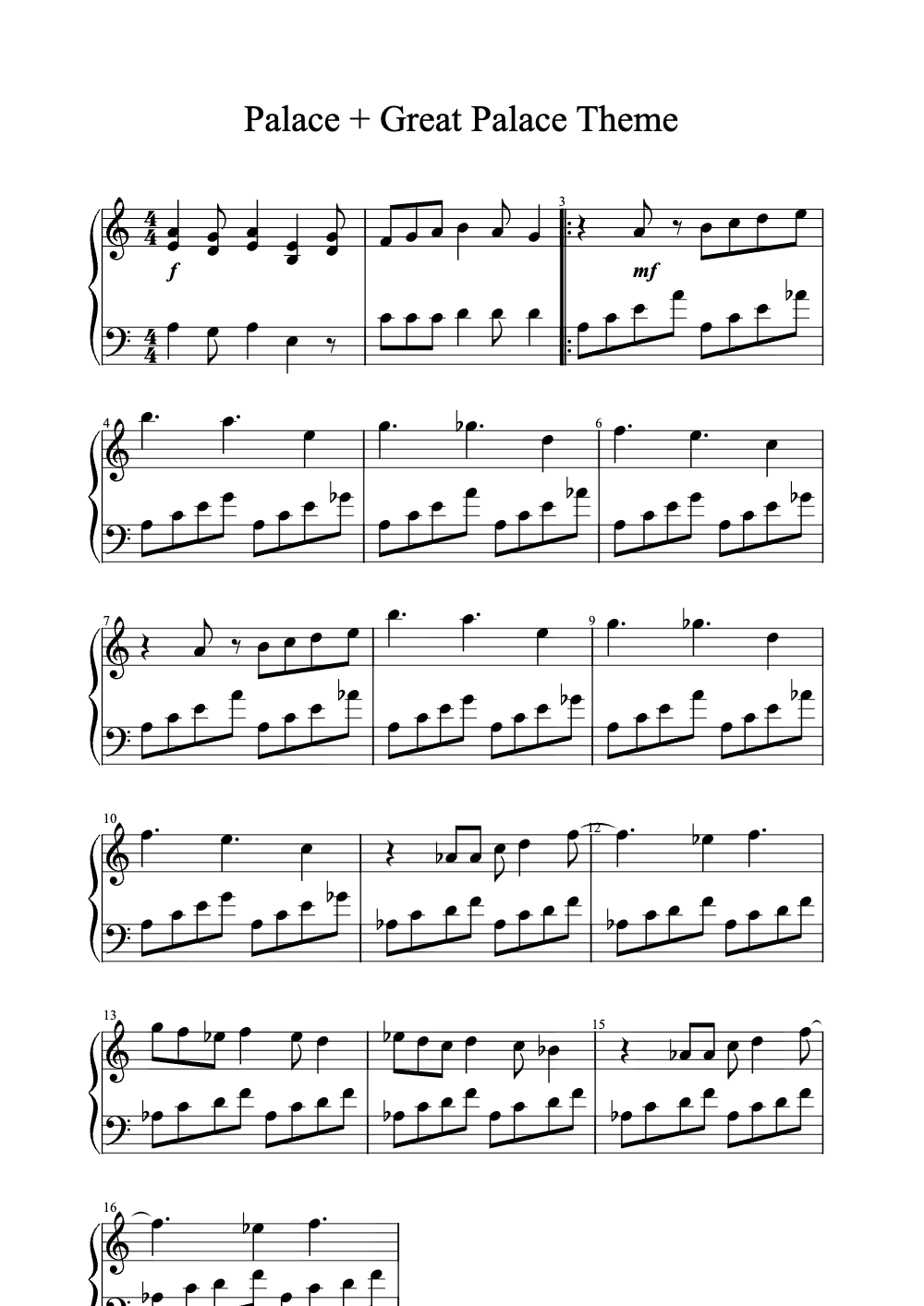 Sheet music preview for Palace and Great Palace Theme