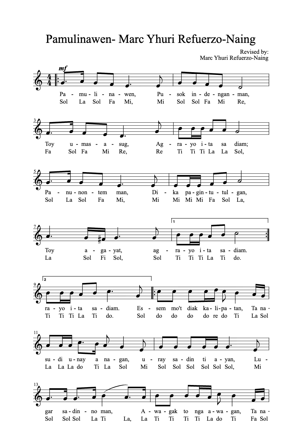 Sheet music preview for Pamulinawen