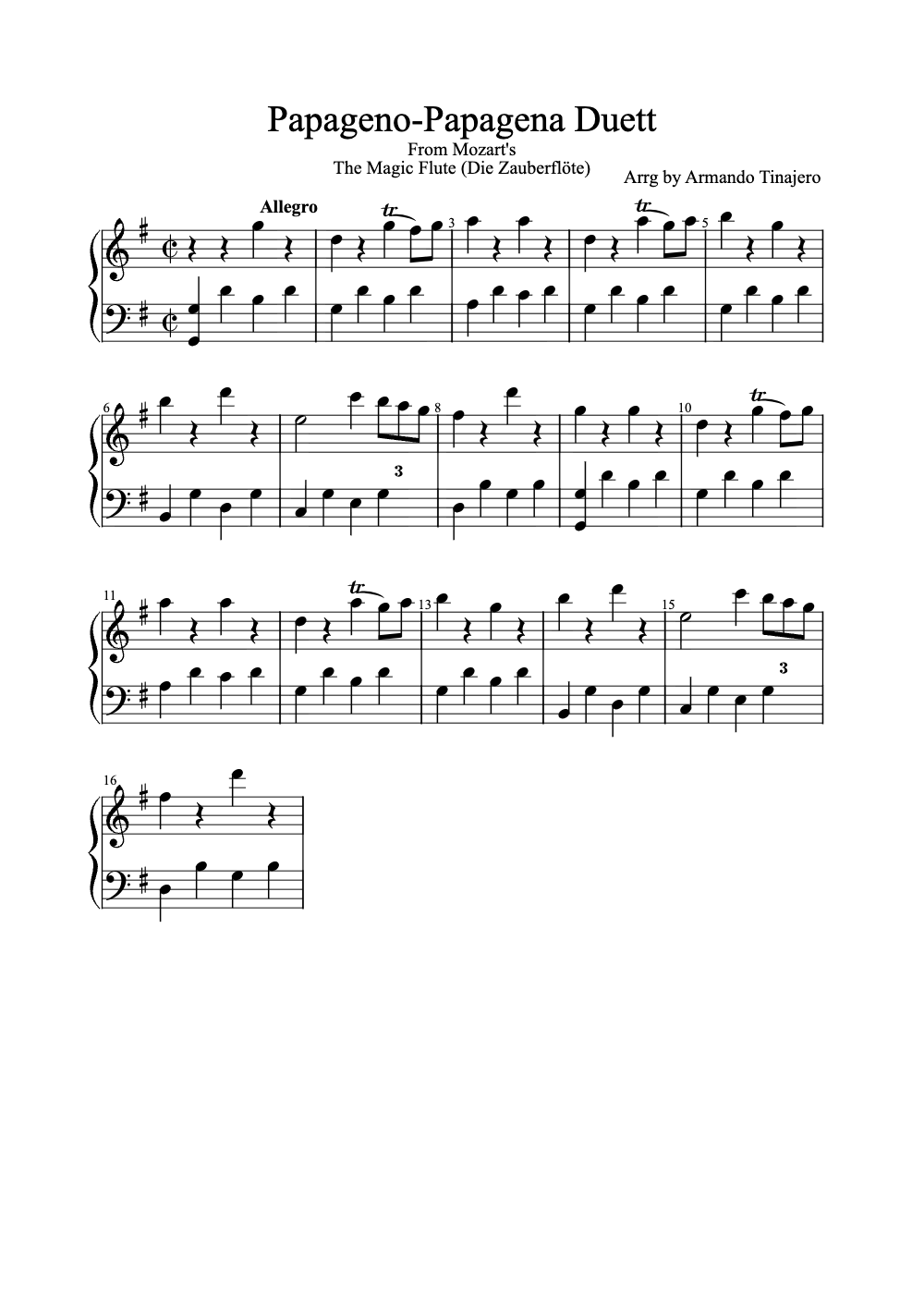 Sheet music preview for Papageno-Papagena Duett