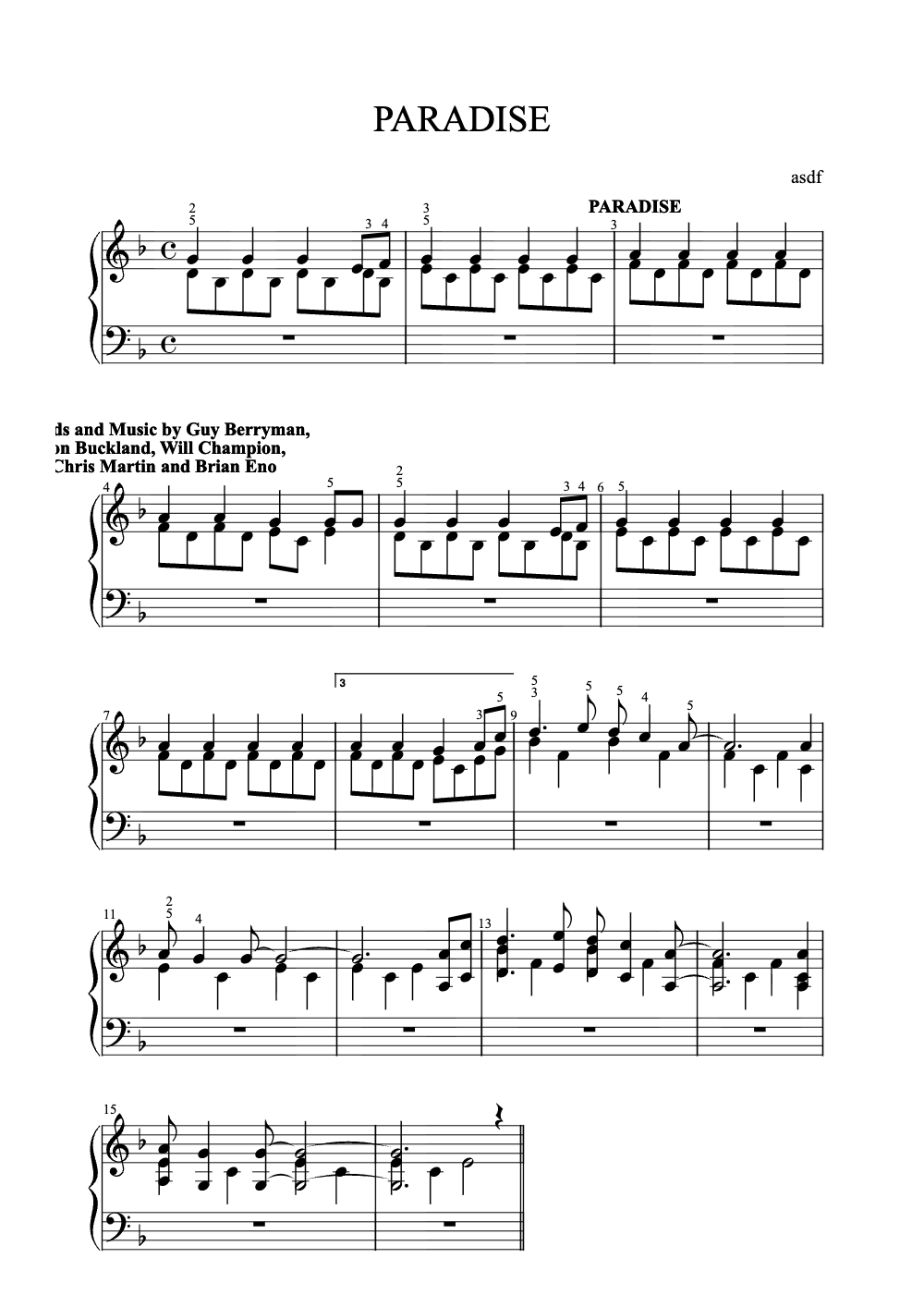 Sheet music preview for Paradise