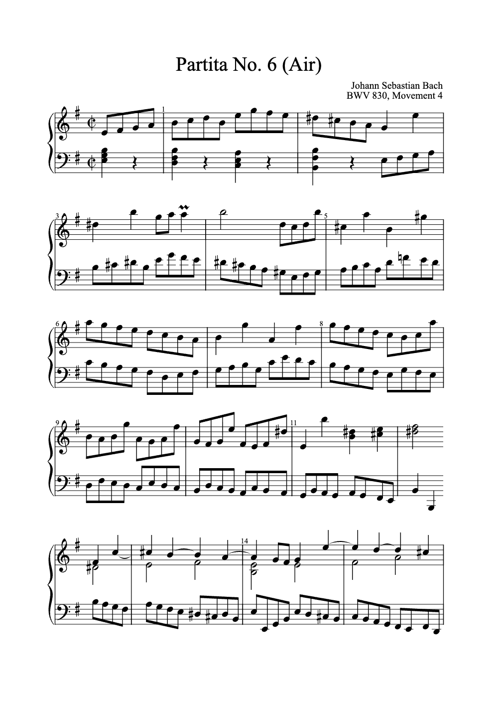 Sheet music preview for Partita No. 6 (Air)