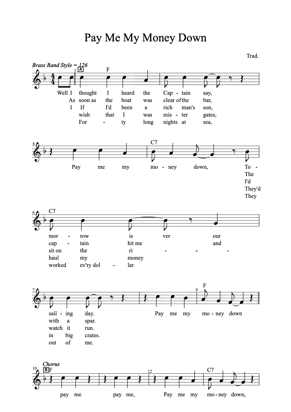 Sheet music preview for Pay Me My Money Down