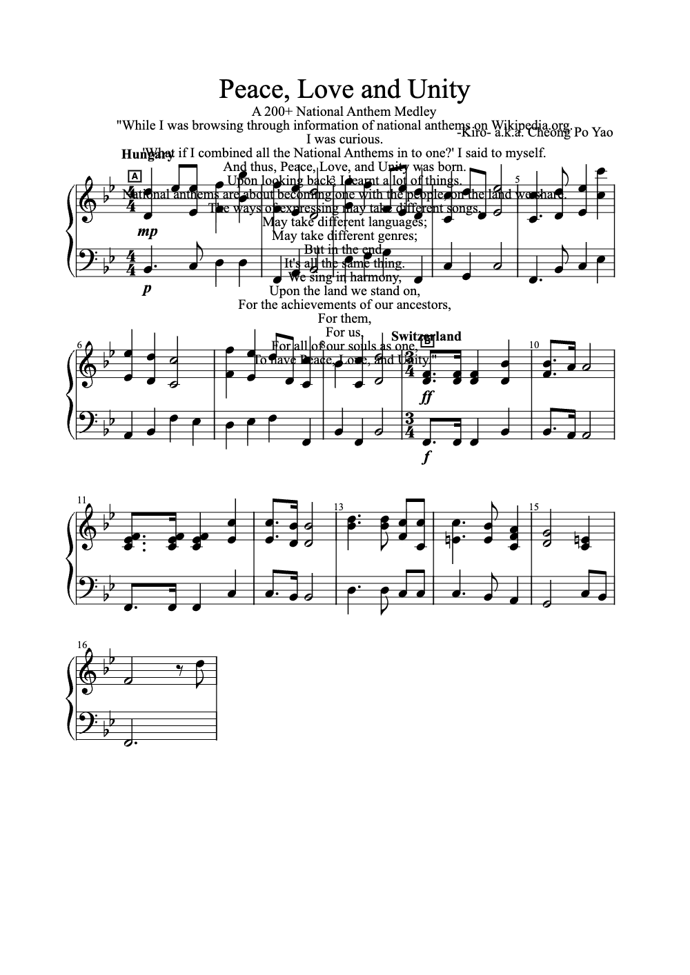 Sheet music preview for Peace, Love and Unity