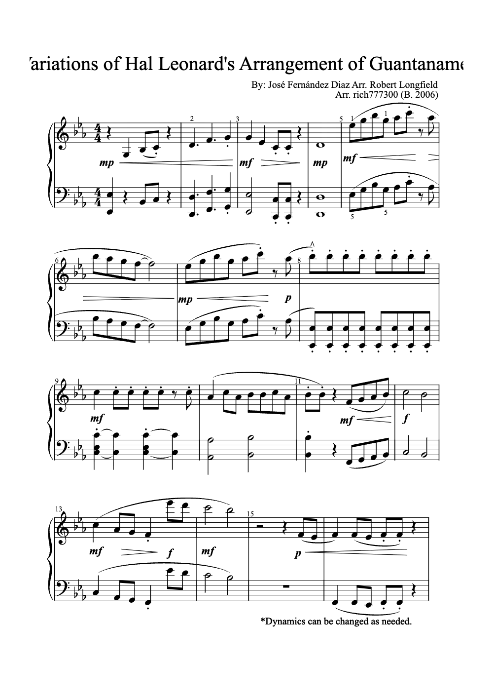 Sheet music preview for Piano Arrangement/Variations of Guantanamera for Concert Band