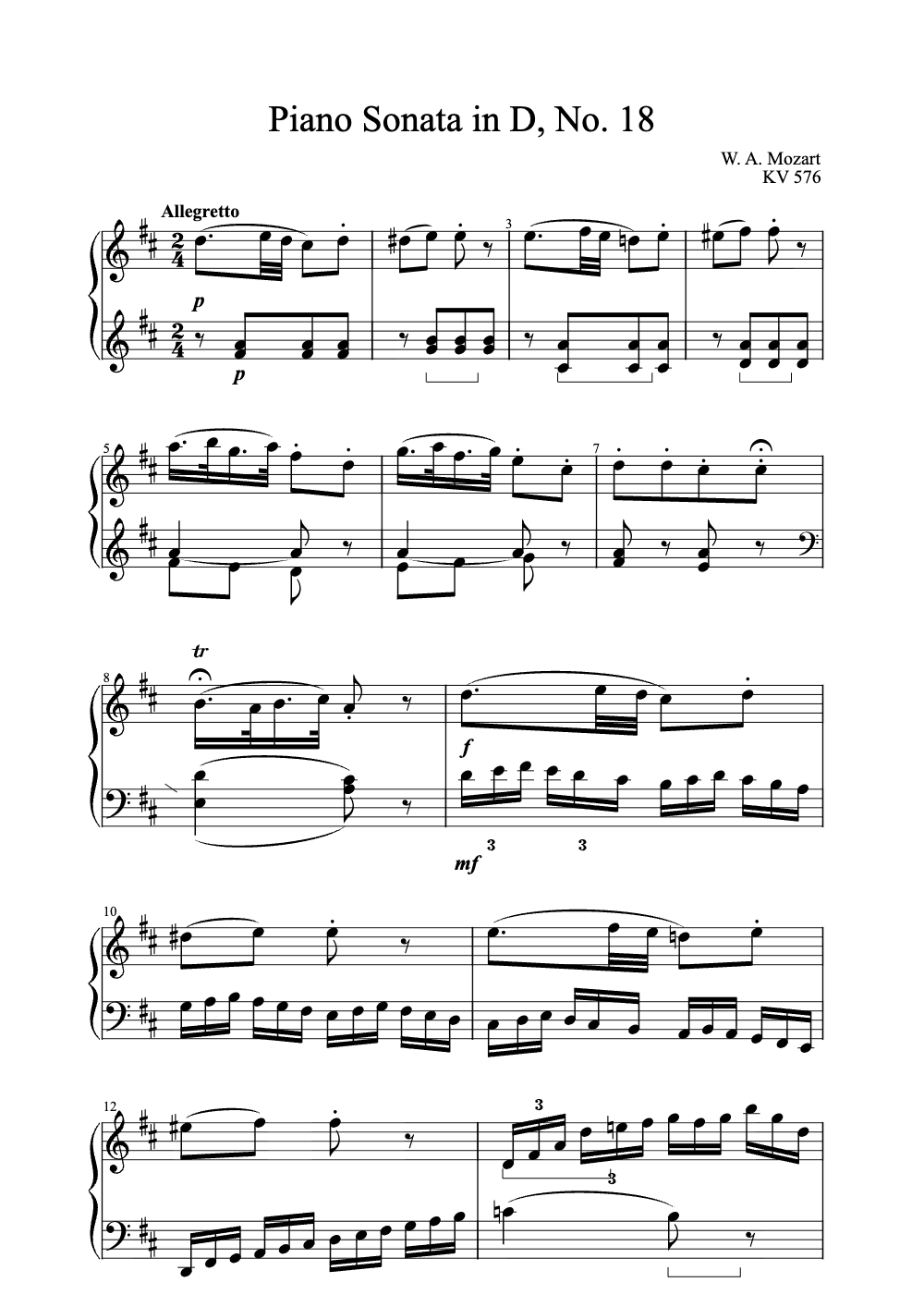 Sheet music preview for Piano Sonata in D, No. 18