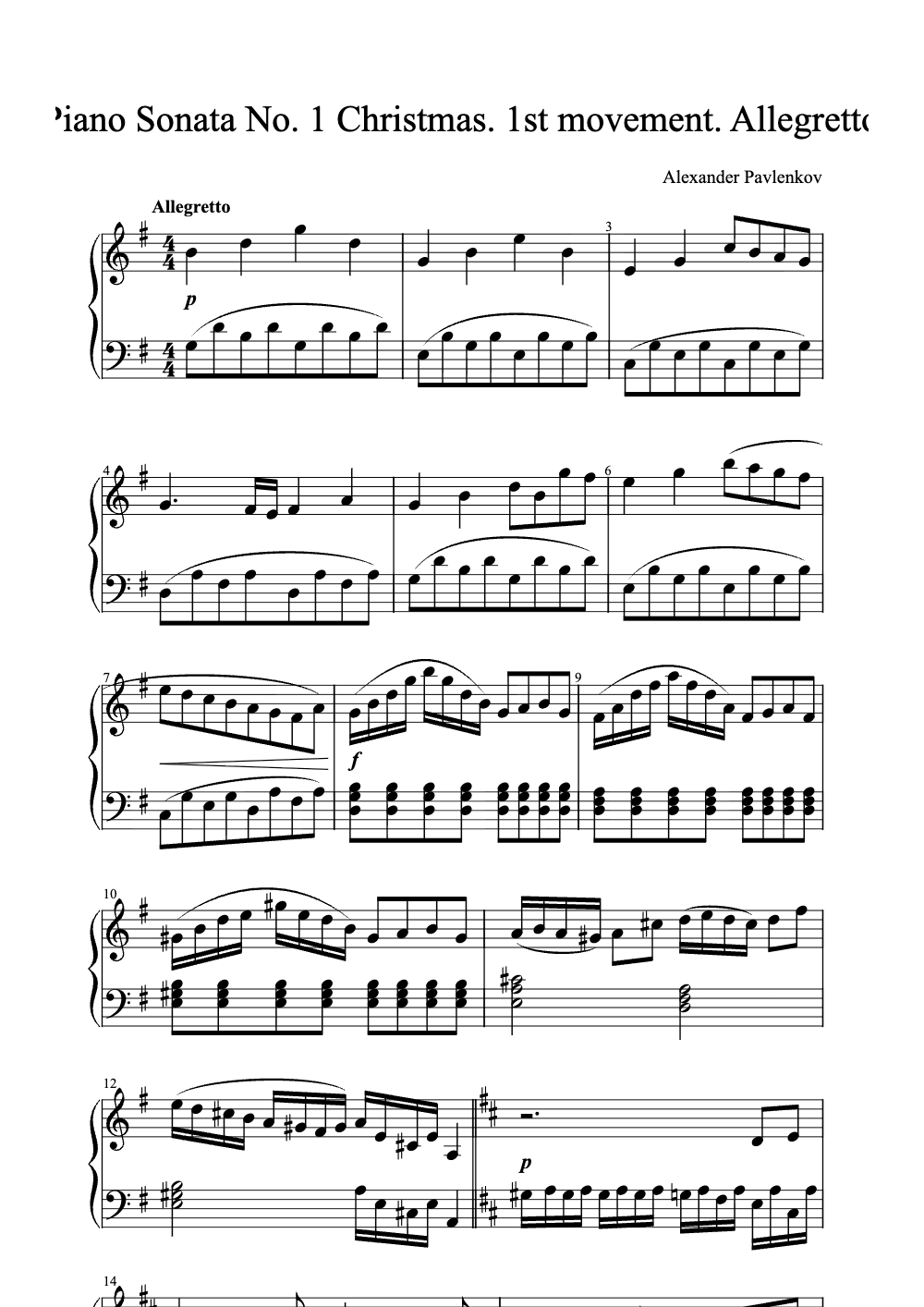 Sheet music preview for Piano Sonata No. 1 Christmas: 1st Movement, Allegretto