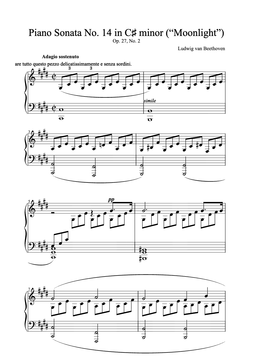 Sheet music preview for Piano Sonata No. 14 in C♯ Minor (“Moonlight”)