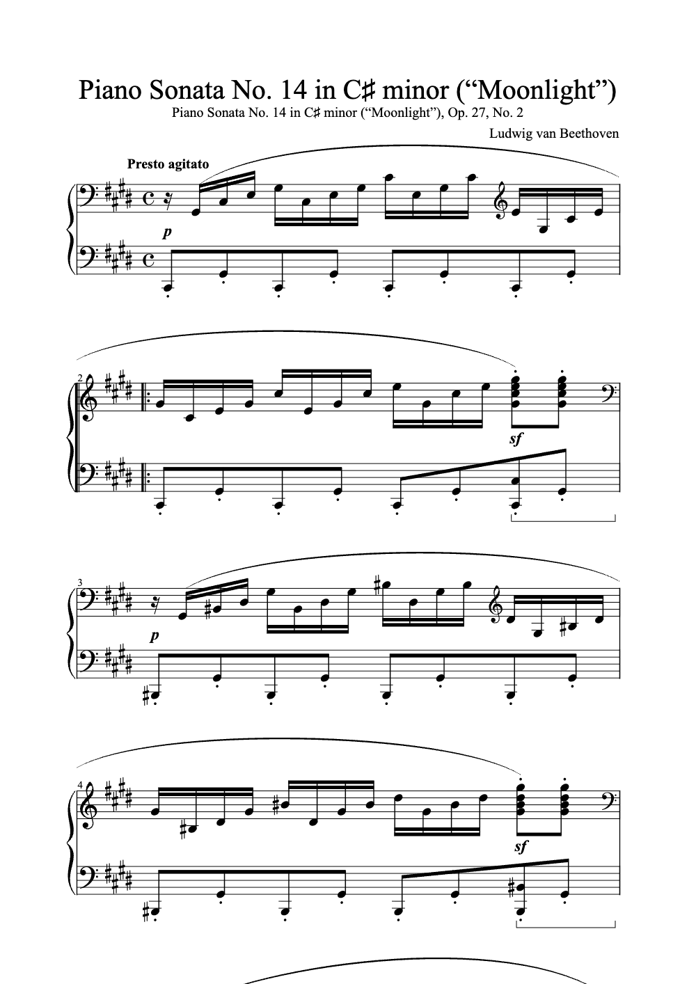Sheet music preview for Piano Sonata No. 14 in C♯ Minor (“Moonlight”)