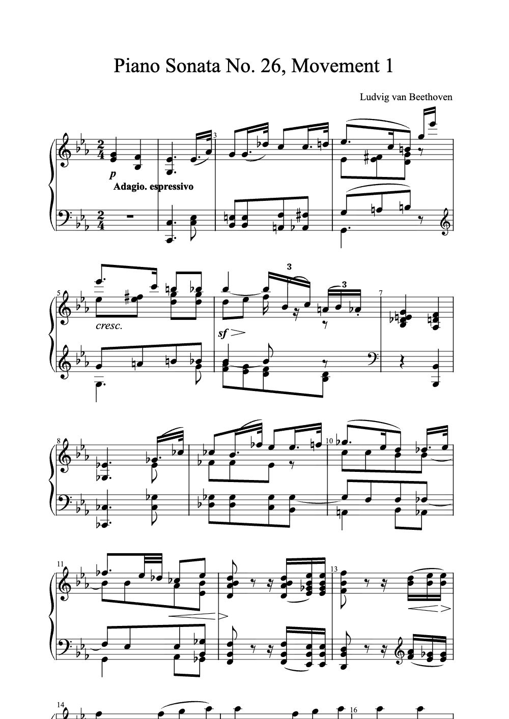 Sheet music preview for Piano Sonata No. 26, Movement 1