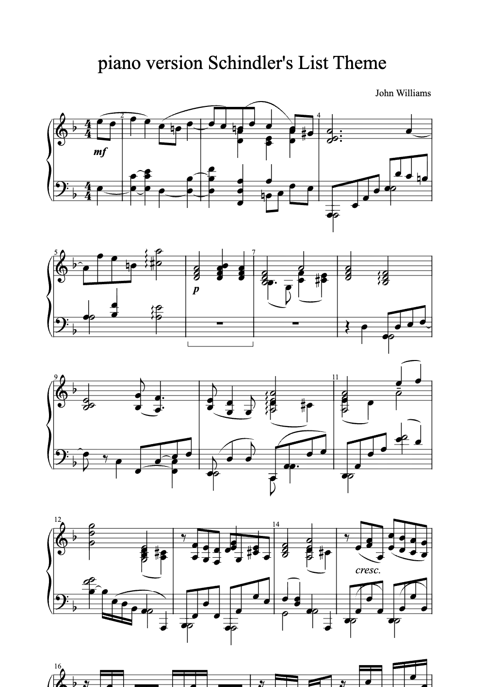 Sheet music preview for Schindler's List Theme