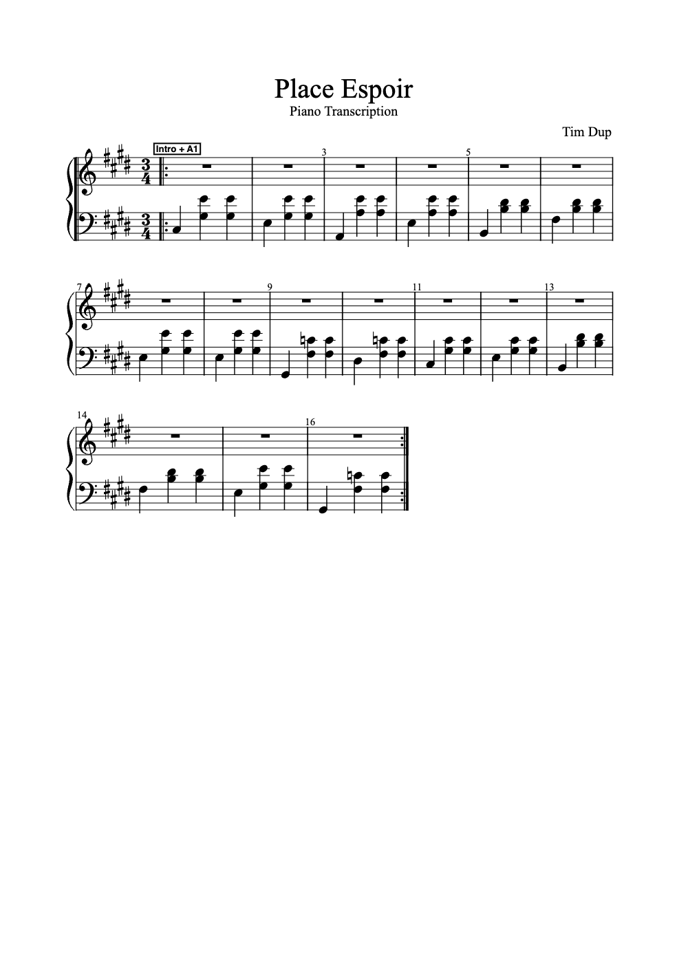 Sheet music preview for Place Espoir