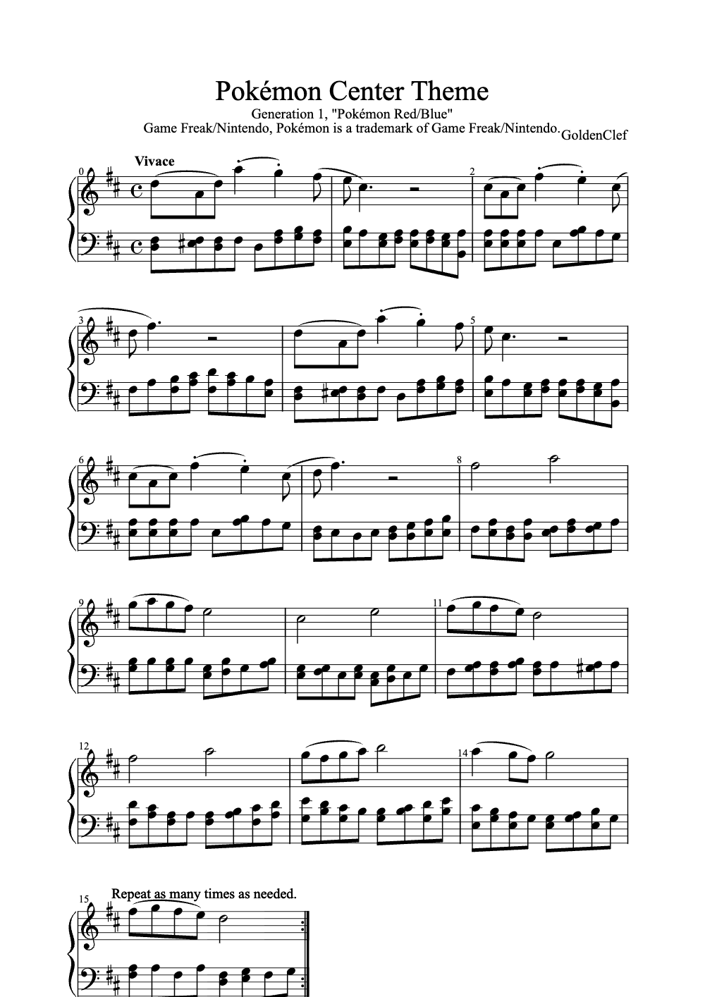 Sheet music preview for Pokémon Center Theme
