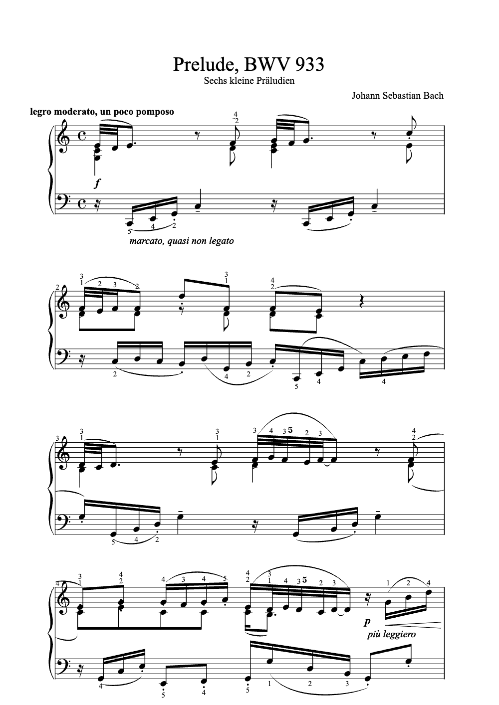 Sheet music preview for Prelude, BWV 933