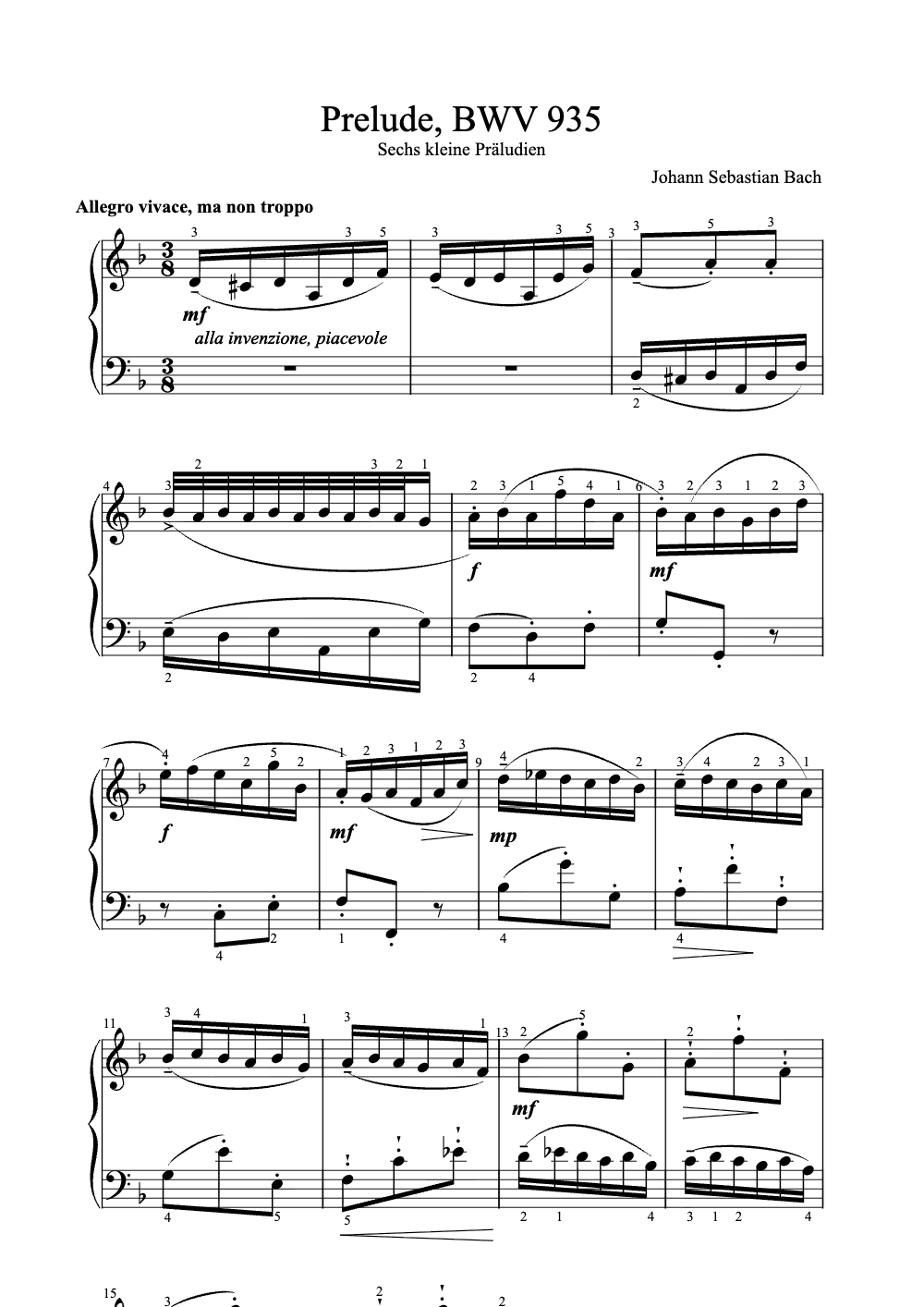 Sheet music preview for Prelude, BWV 935