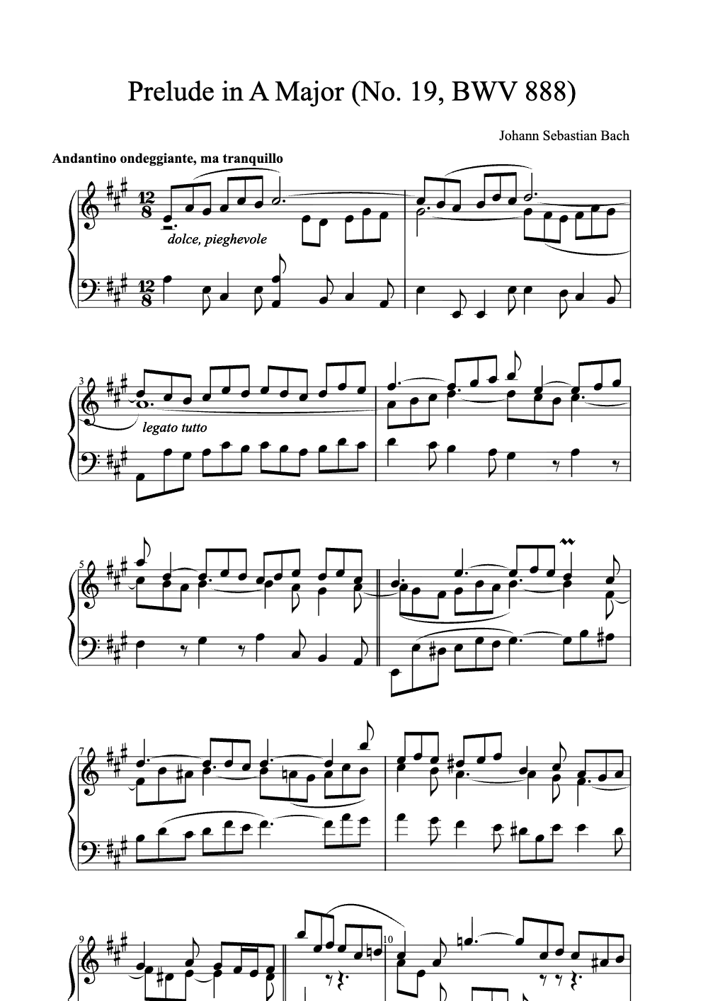 Sheet music preview for Prelude in A Major (No. 19, BWV 888)