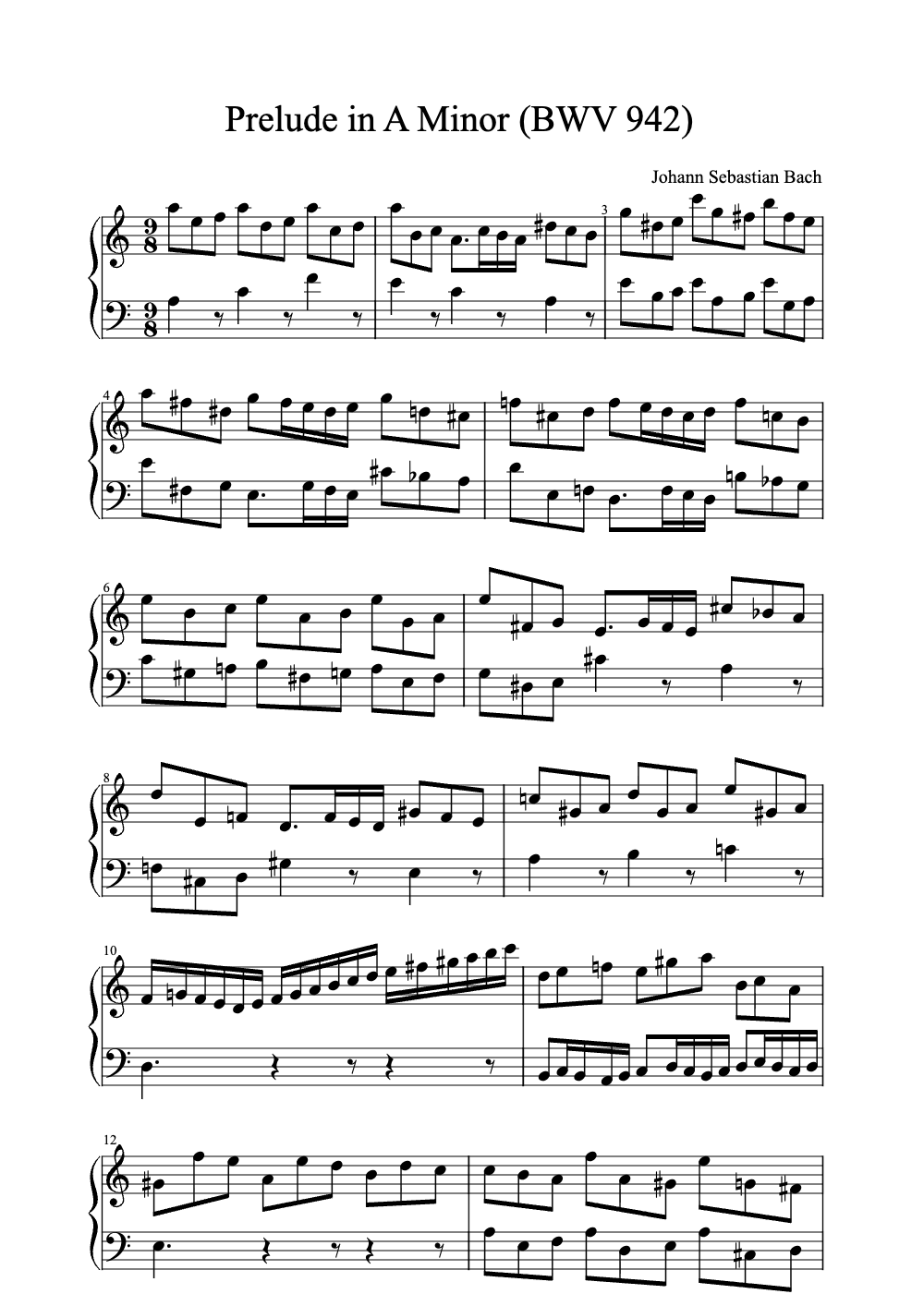 Sheet music preview for Prelude in A Minor (BWV 942)