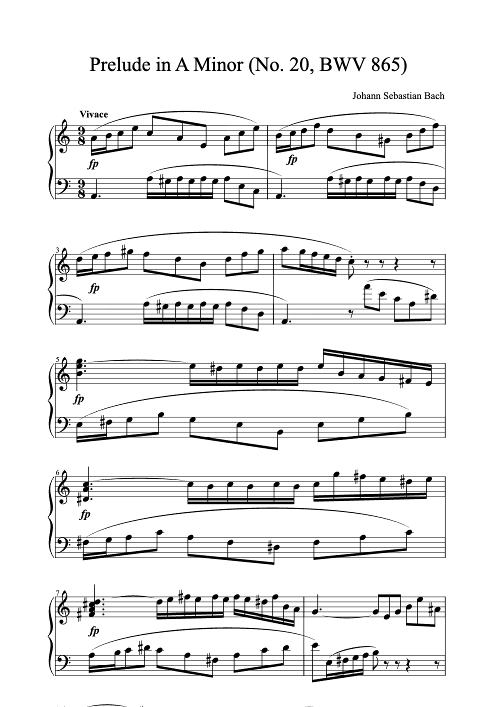 Sheet music preview for Prelude in A Minor (No. 20, BWV 865)
