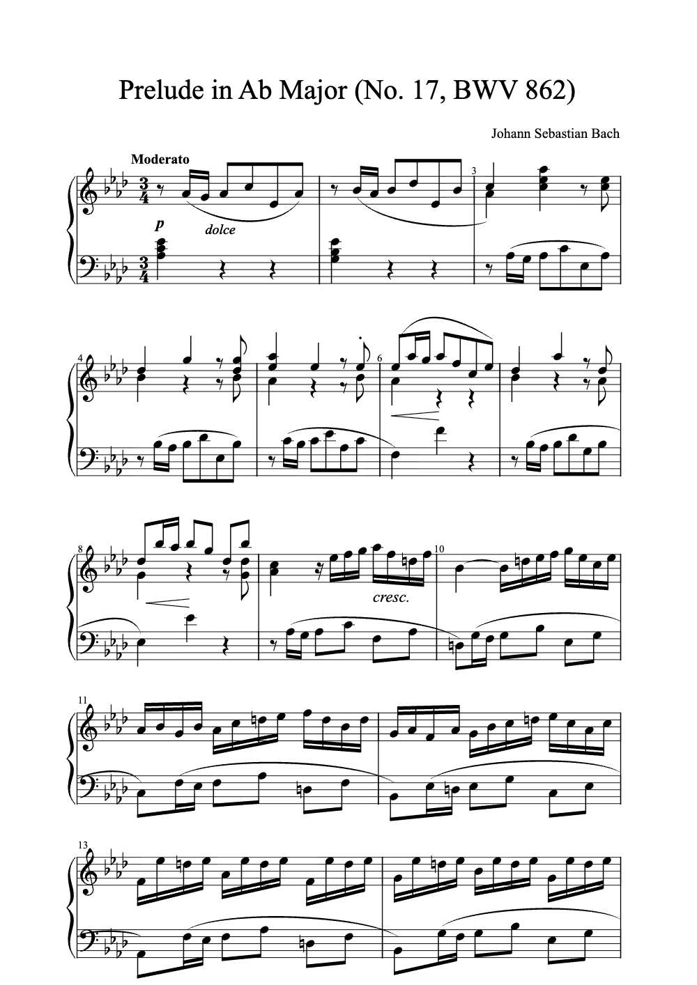 Sheet music preview for Prelude in Ab Major (No. 17, BWV 862)
