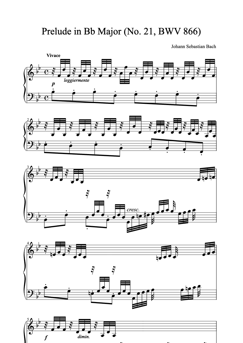 Sheet music preview for Prelude in Bb Major (No. 21, BWV 866)
