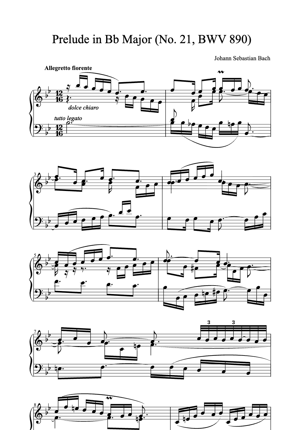 Sheet music preview for Prelude in B♭ Major (No. 21, BWV 890)