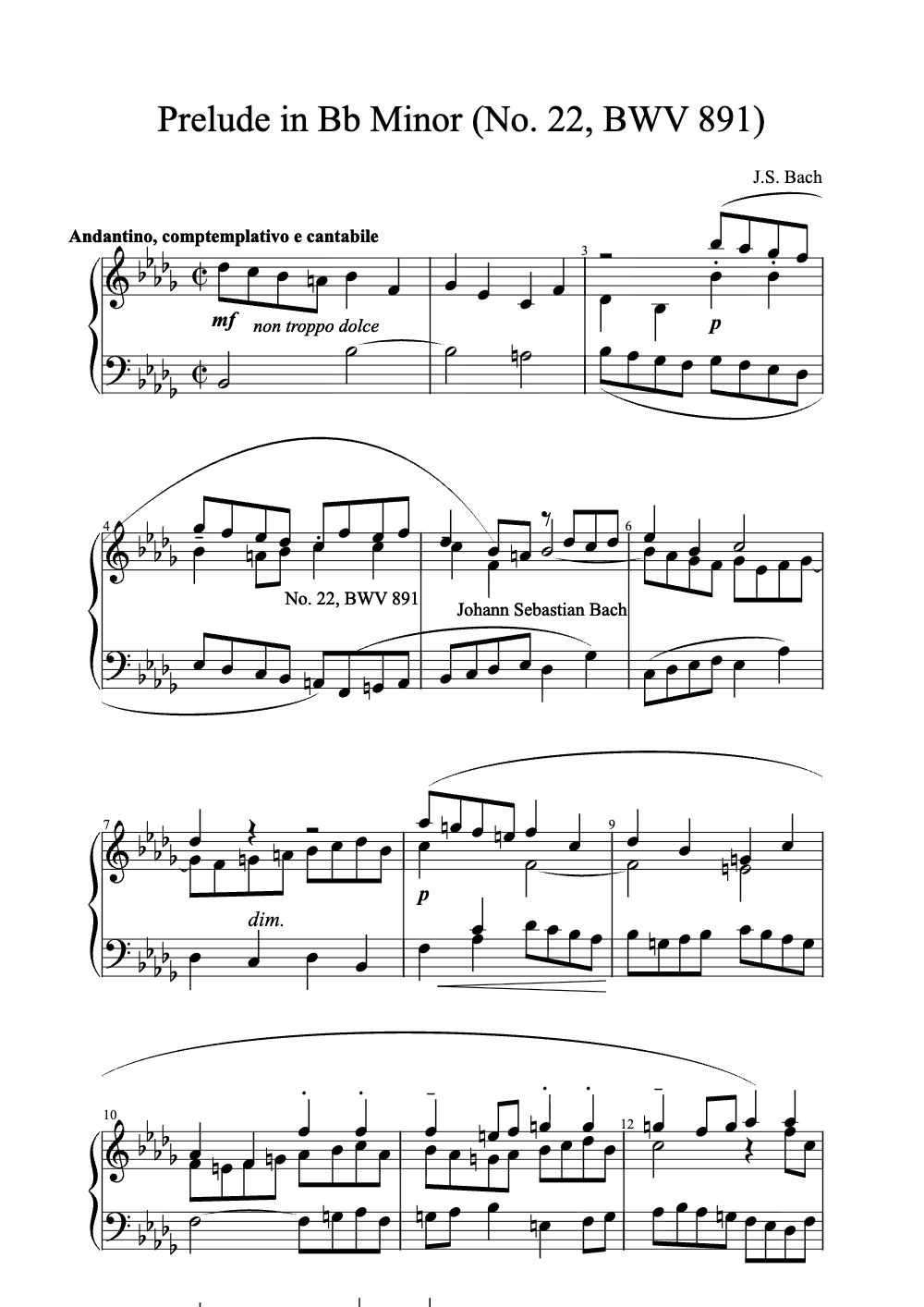 Sheet music preview for Prelude in B♭ Minor (No. 22, BWV 891)