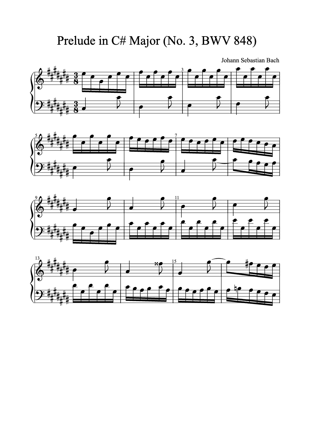 Sheet music preview for Prelude in C# Major (No. 3, BWV 848)