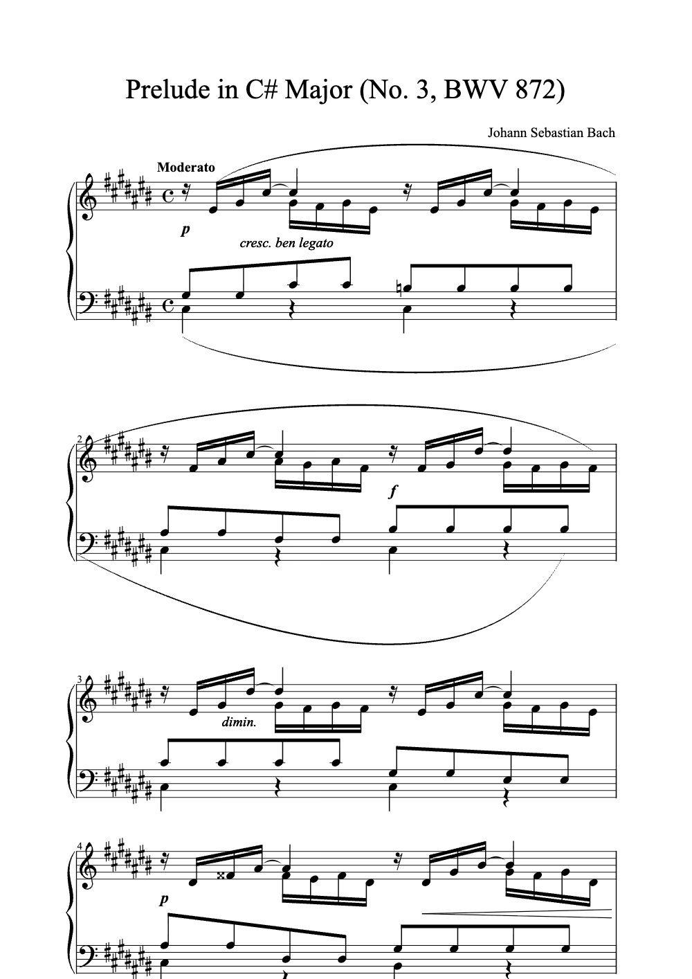 Sheet music preview for Prelude in C# Major (No. 3, BWV 872)