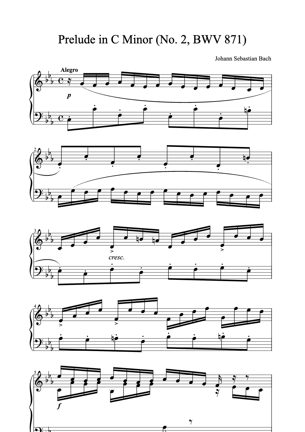 Sheet music preview for Prelude in C Minor (No. 2, BWV 871)