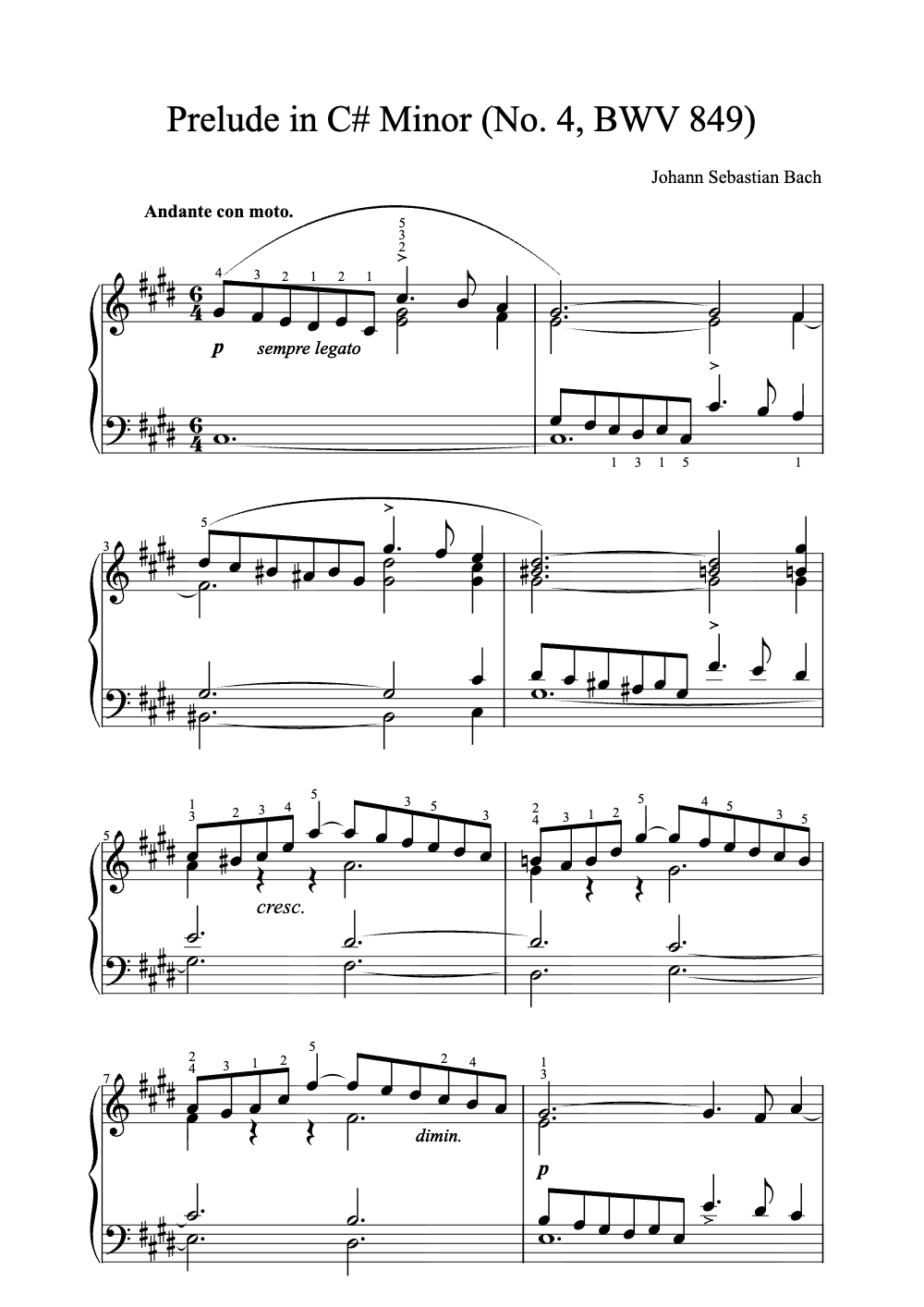 Sheet music preview for Prelude in C# Minor (No. 4, BWV 849)