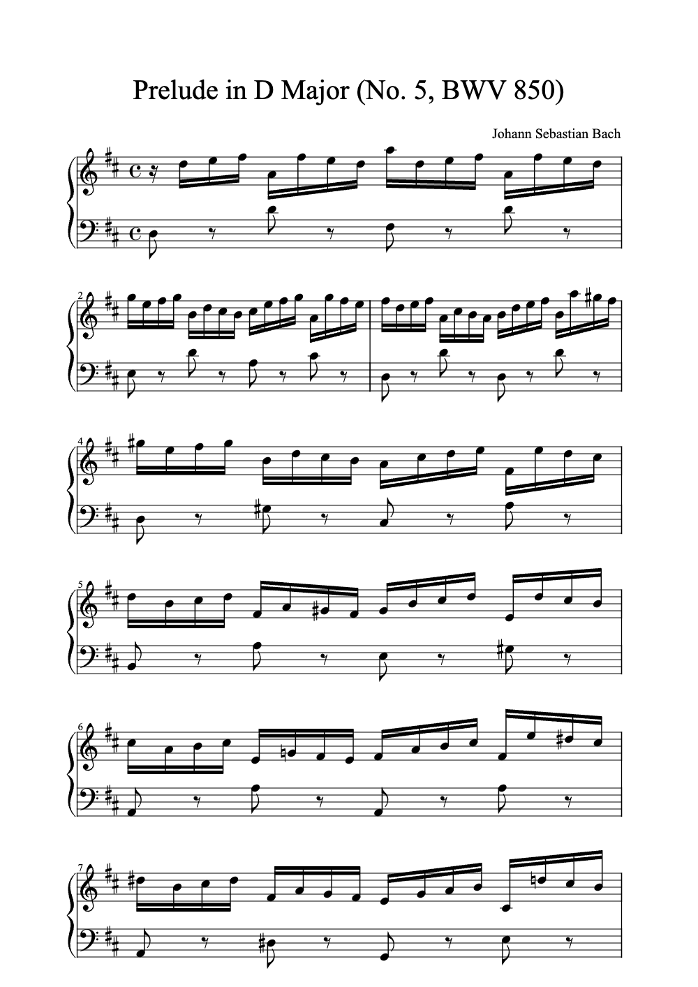 Sheet music preview for Prelude in D Major (No. 5, BWV 850)