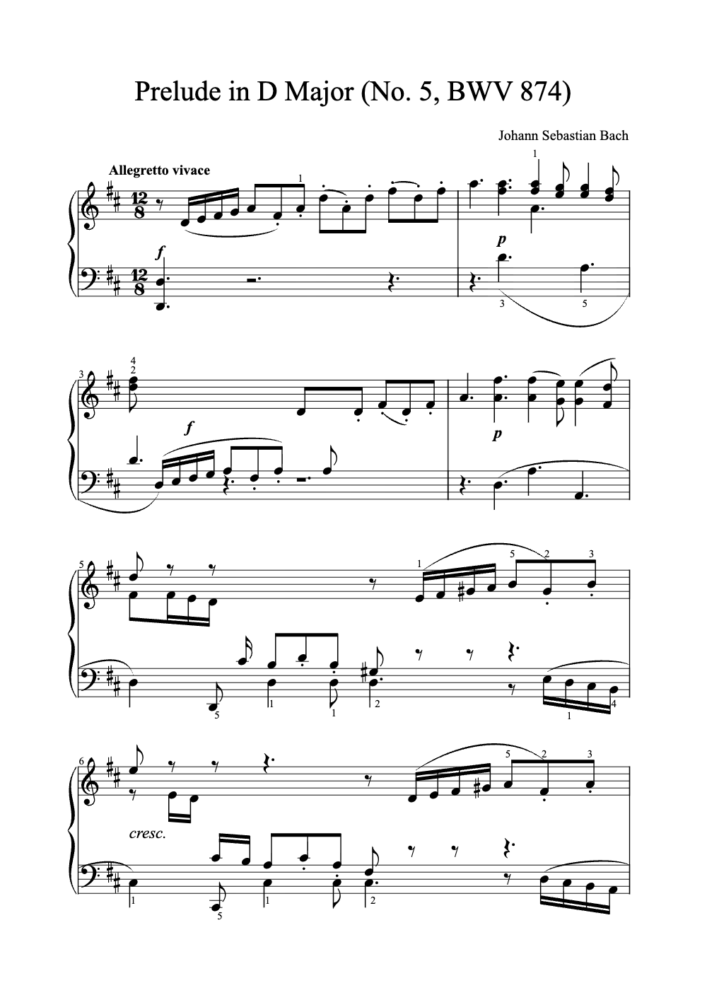Sheet music preview for Prelude in D Major (No. 5, BWV 874)
