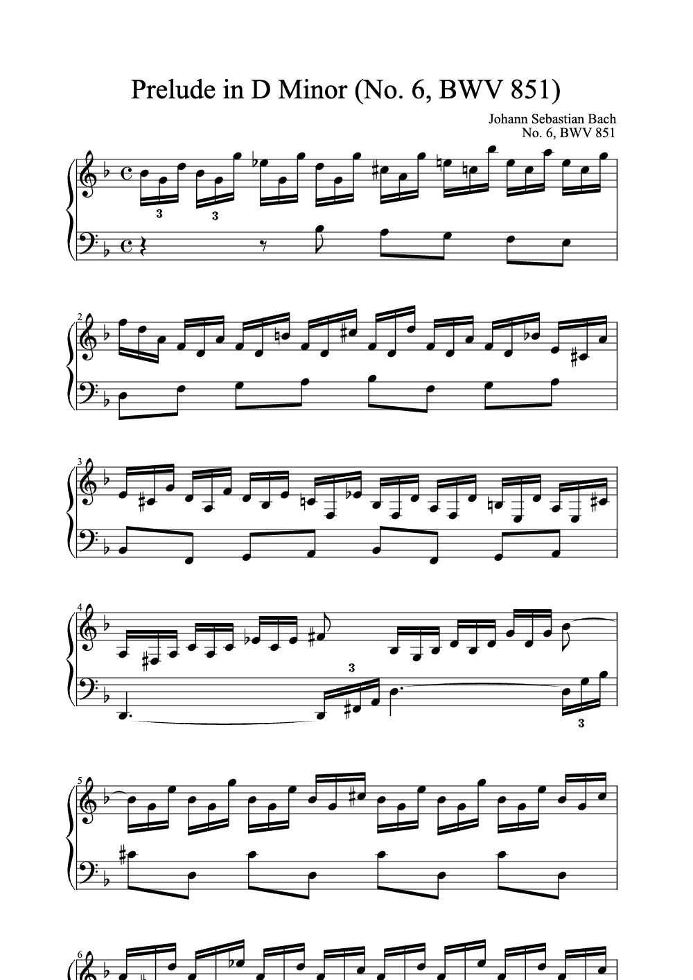 Sheet music preview for Prelude in D Minor (No. 6, BWV 851)
