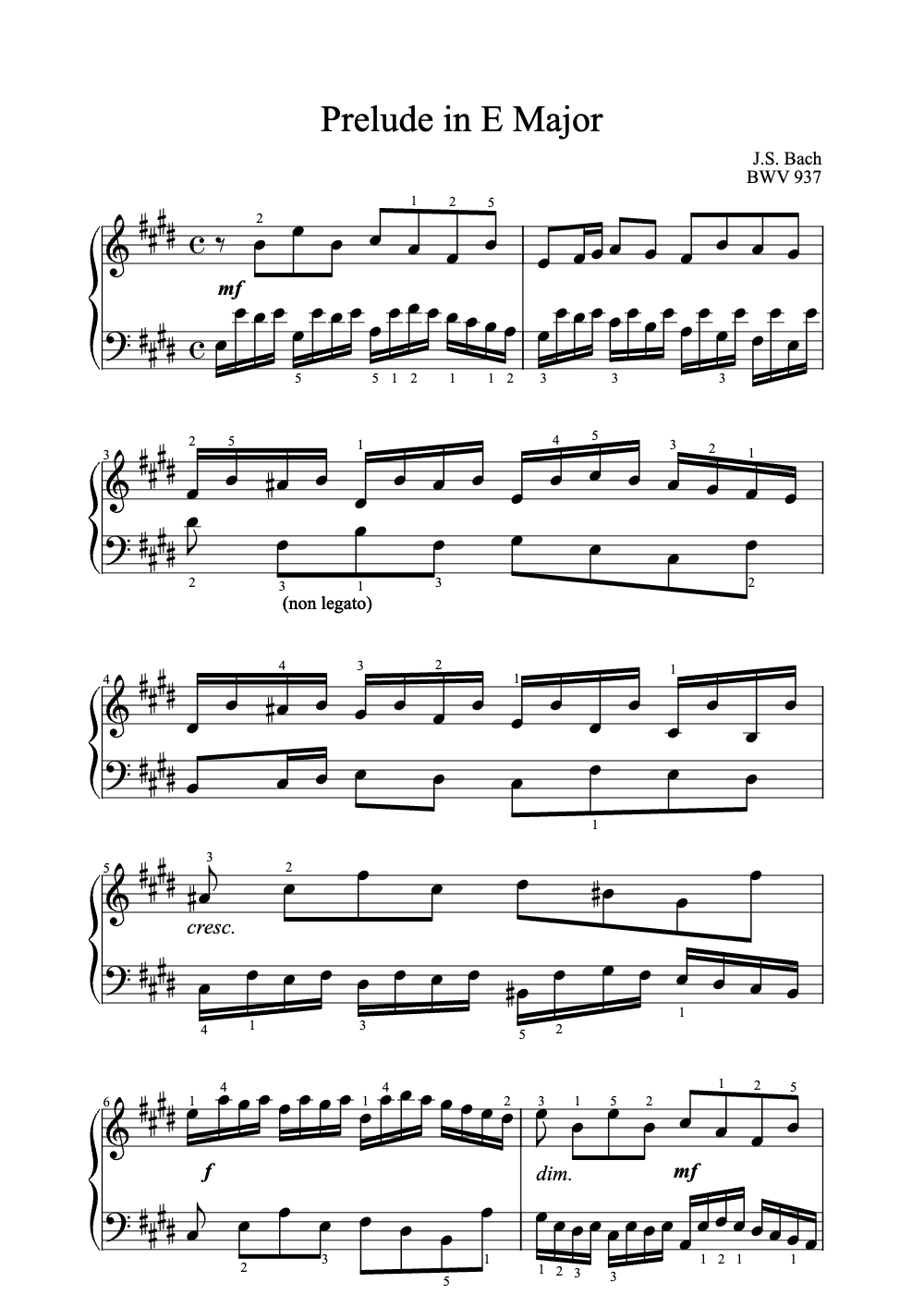 Sheet music preview for Prelude in E Major
