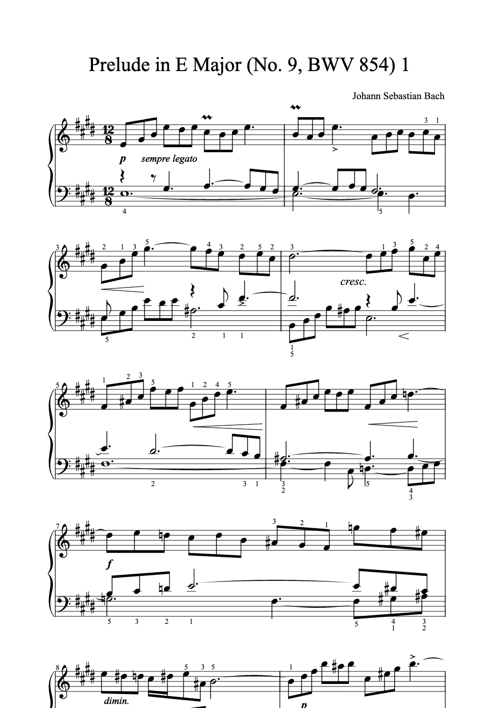 Sheet music preview for Prelude in E Major (No. 9, BWV 854)