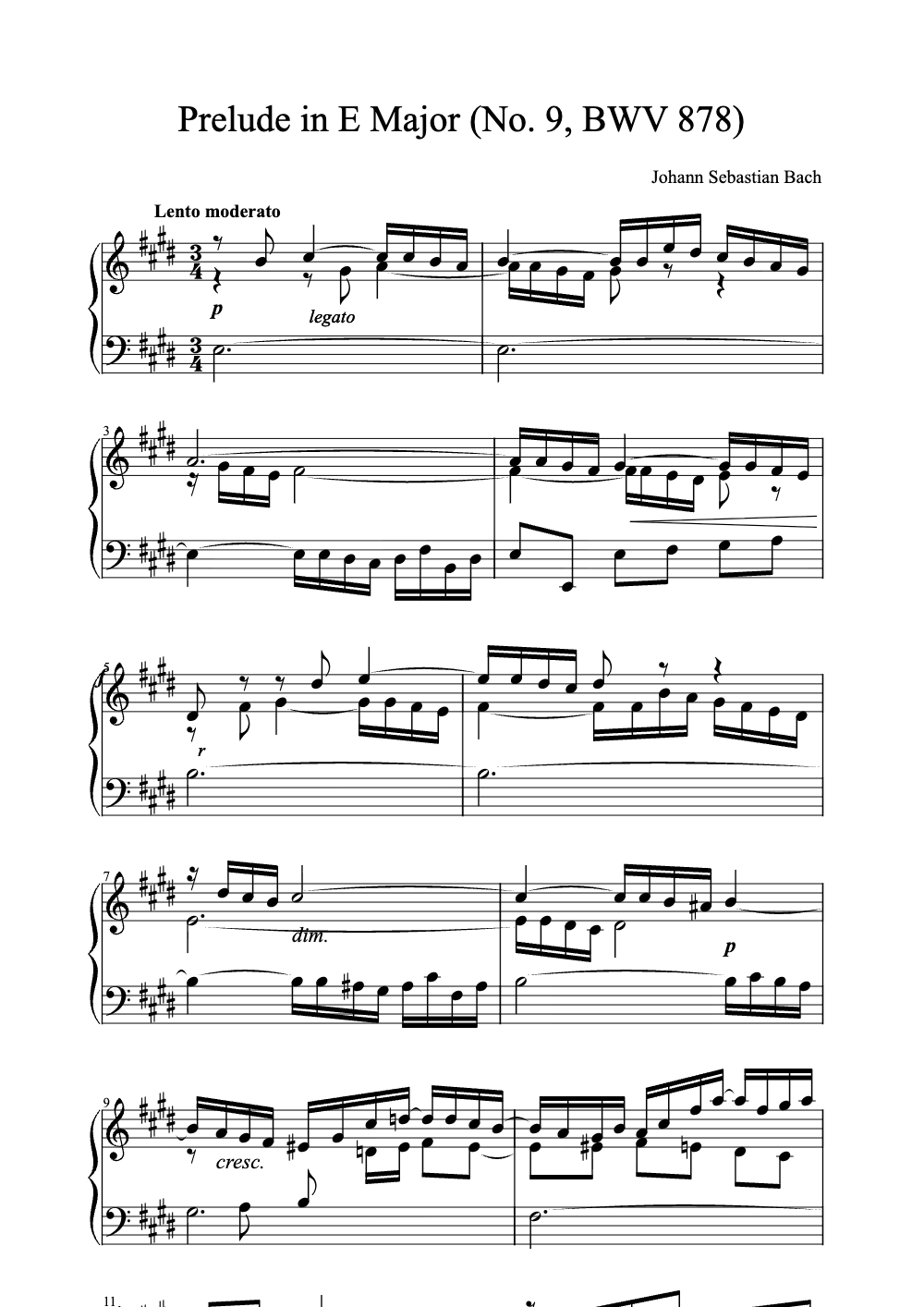 Sheet music preview for Prelude in E Major (No. 9, BWV 878)