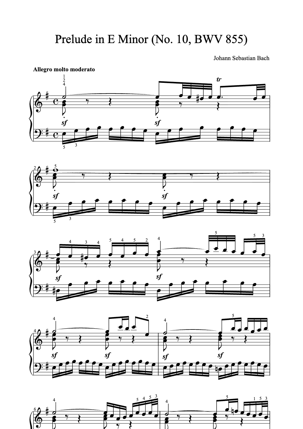 Sheet music preview for Prelude in E Minor (No. 10, BWV 855)