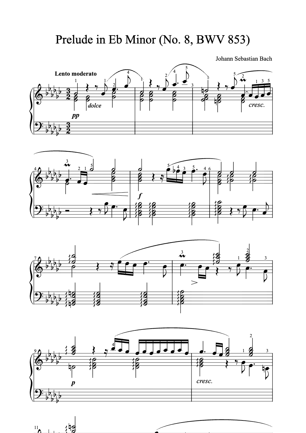 Sheet music preview for Prelude in Eb Minor (No. 8, BWV 853)