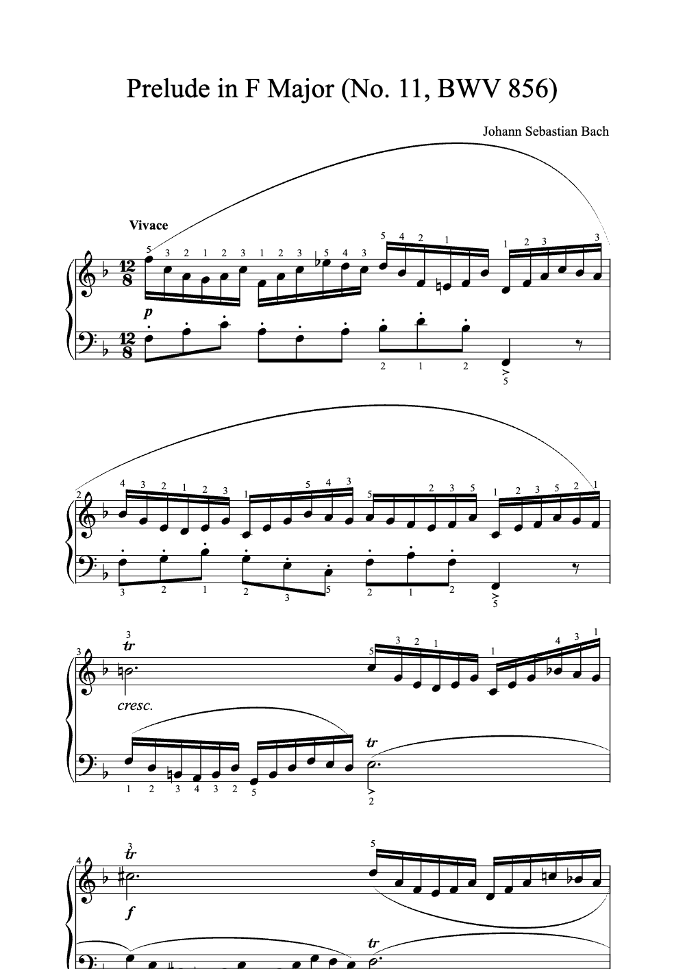 Sheet music preview for Prelude in F Major (No. 11, BWV 856)