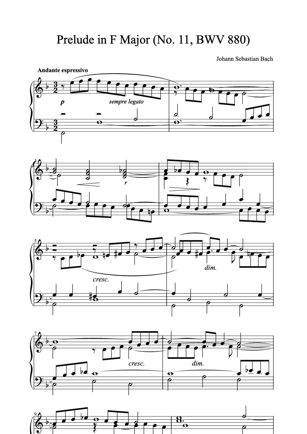 Sheet music preview for Prelude in F Major (No. 11, BWV 880)
