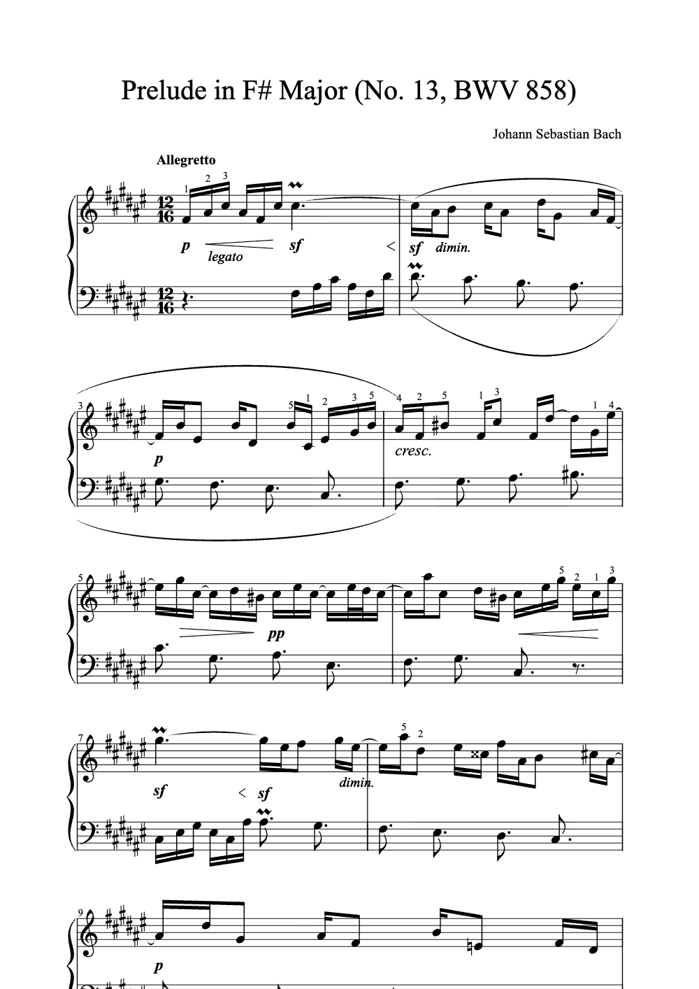 Sheet music preview for Prelude in F# Major (No. 13, BWV 858)