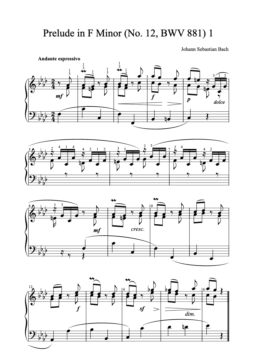 Sheet music preview for Prelude in F Minor