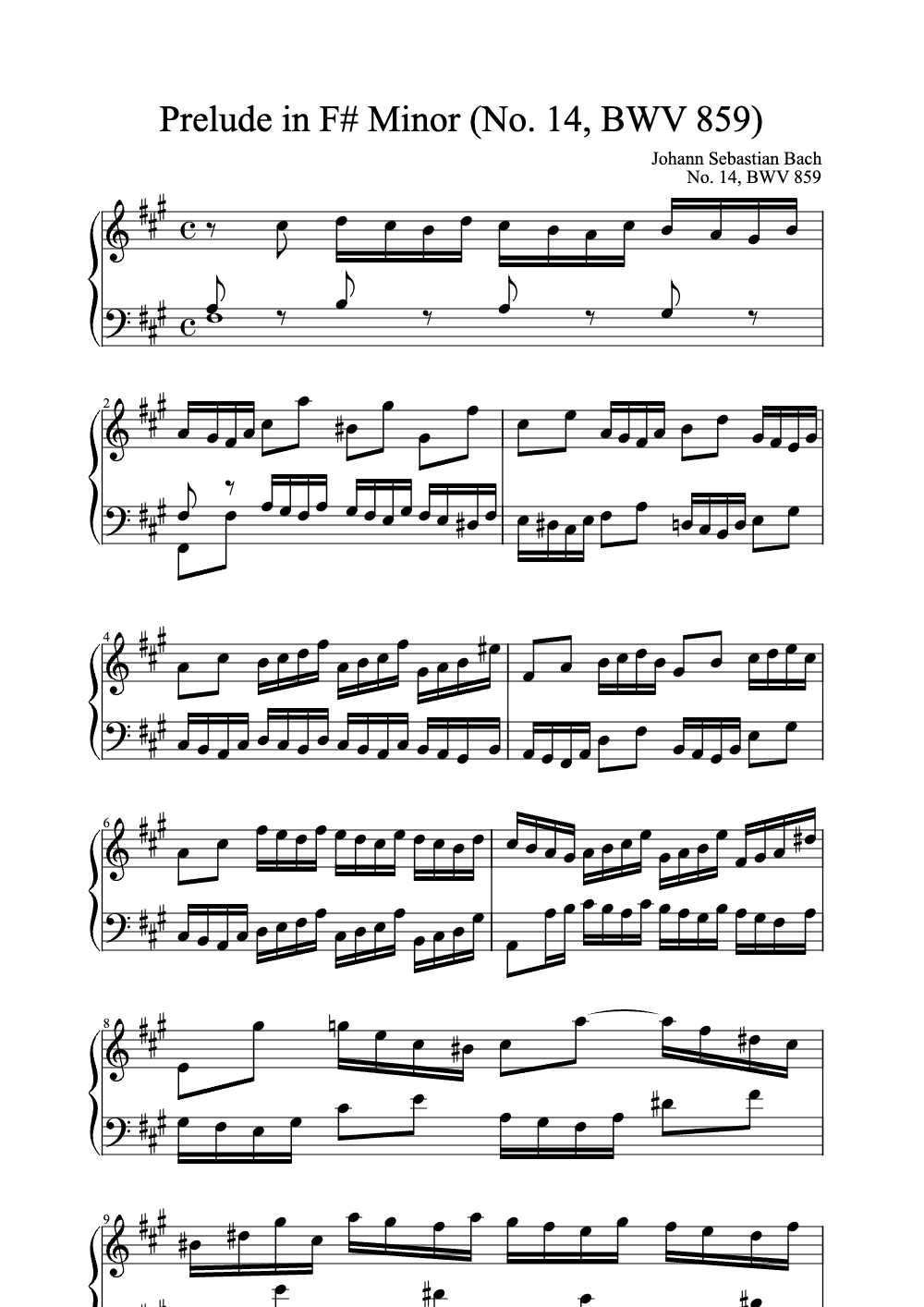 Sheet music preview for Prelude in F# Minor (No. 14, BWV 859)