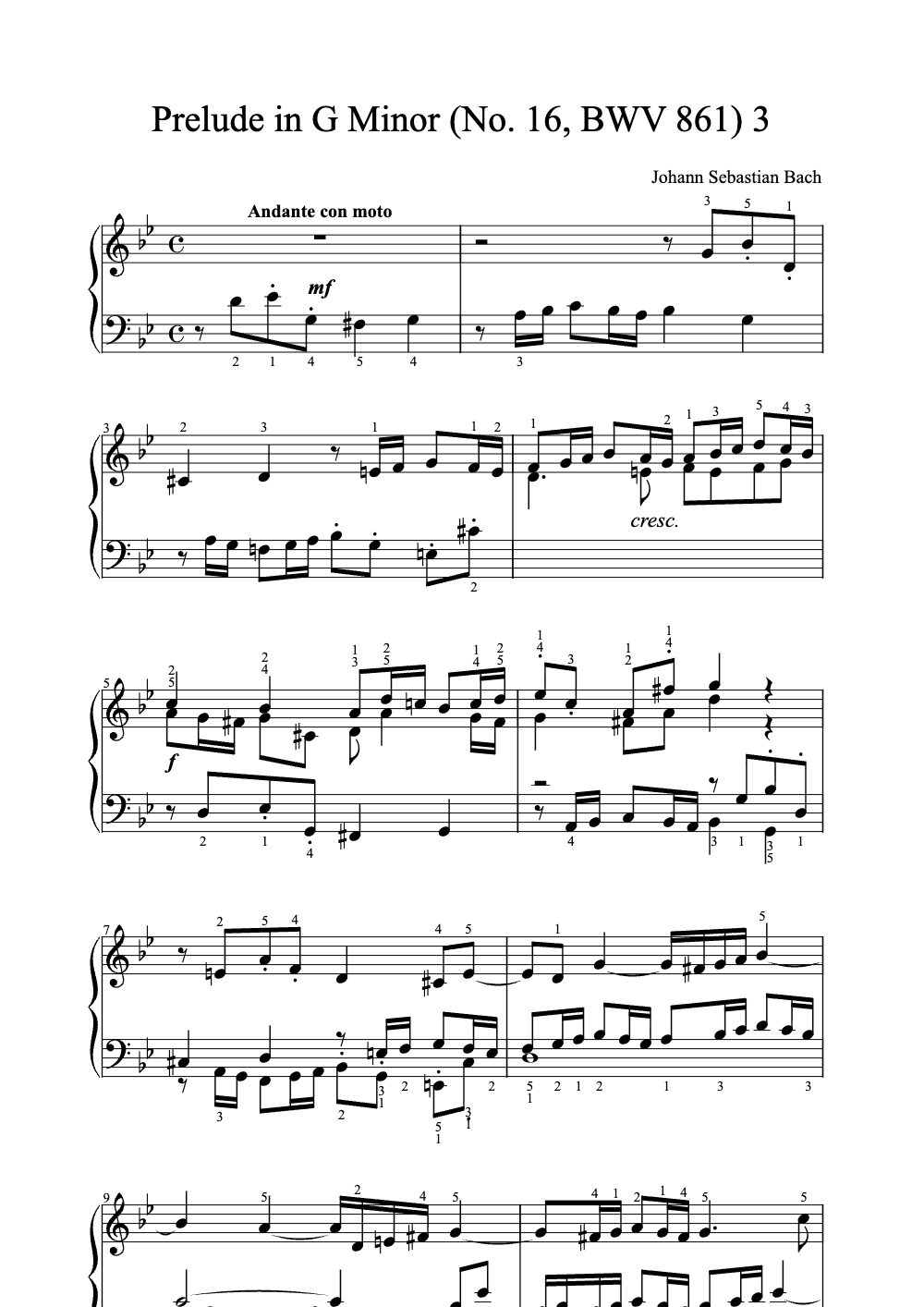 Sheet music preview for Prelude in G Minor (No. 16, BWV 861)