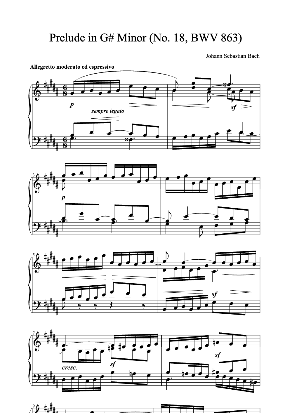 Sheet music preview for Prelude in G# Minor (No. 18, BWV 863)