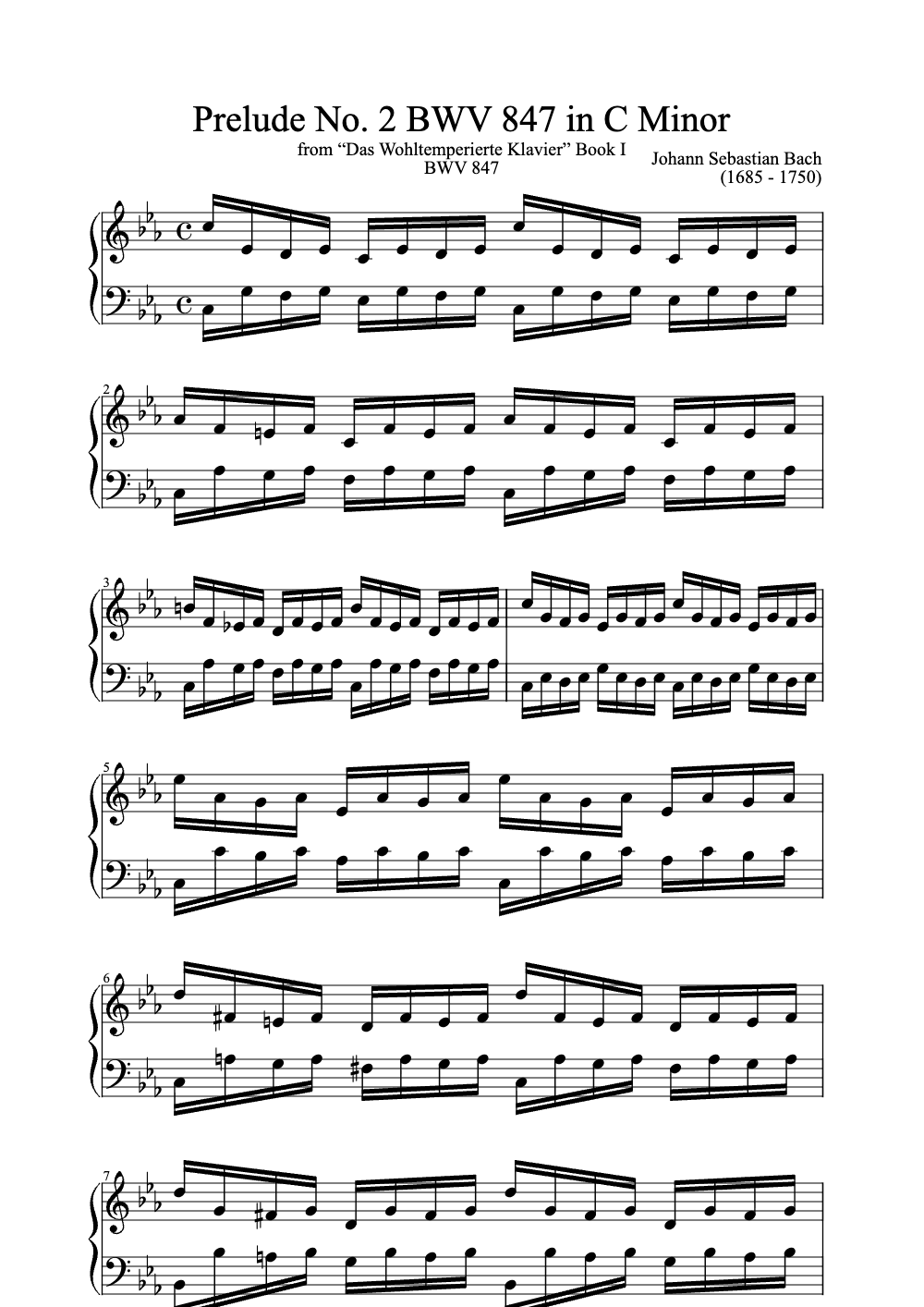 Sheet music preview for Prelude No. 2 BWV 847 in C Minor
