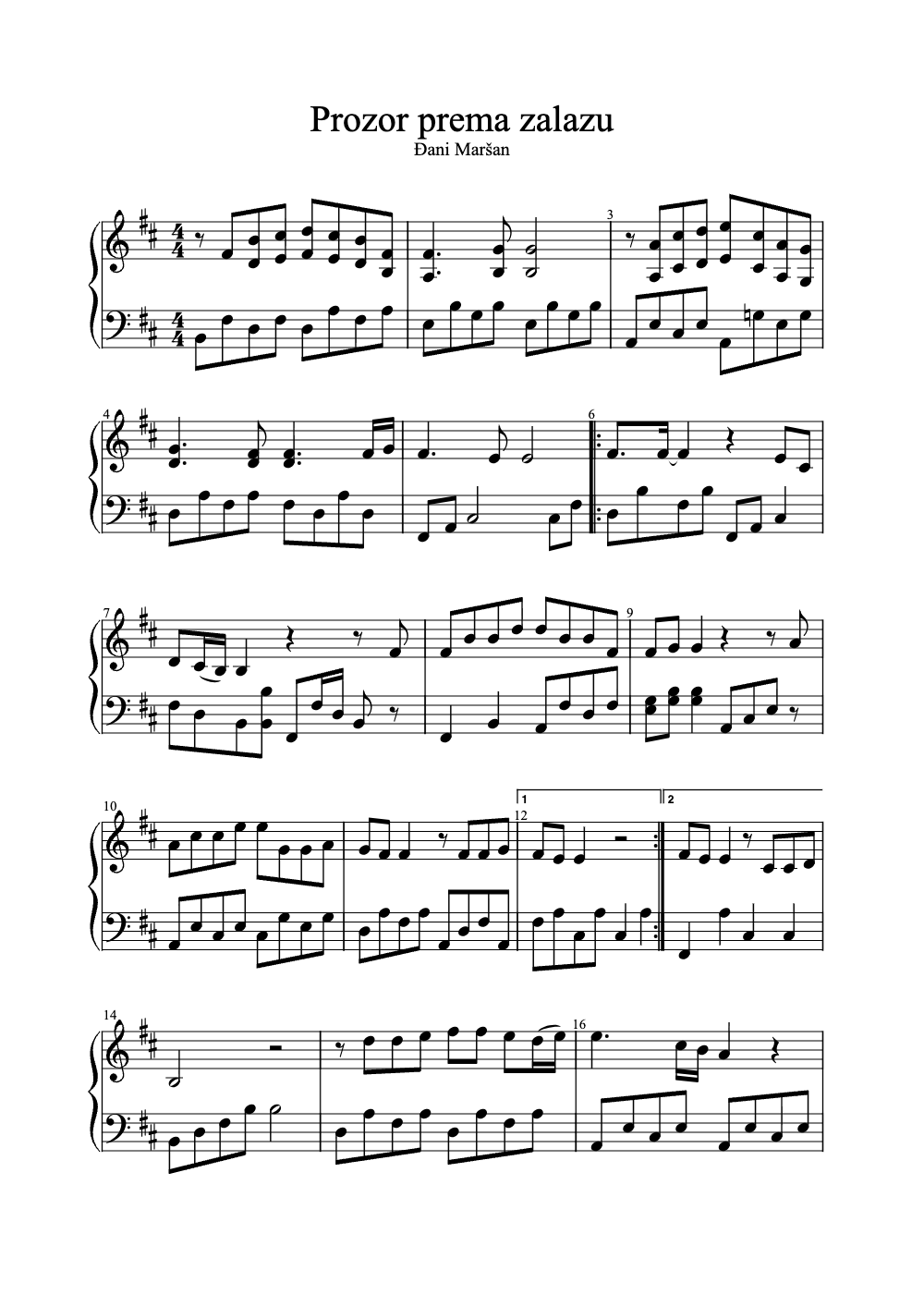 Sheet music preview for Prozor Prema Zalazu