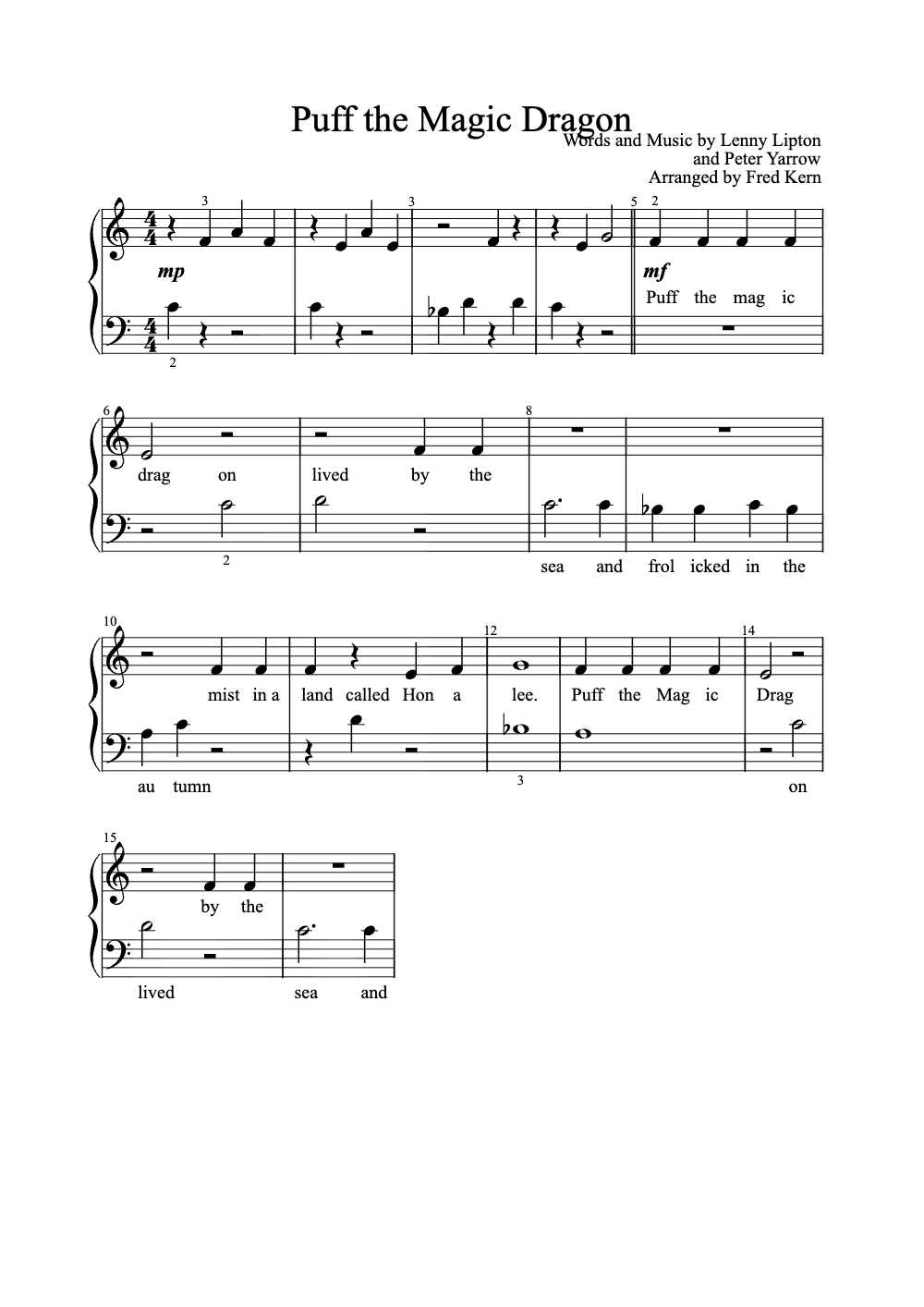 Sheet music preview for Puff the Magic Dragon