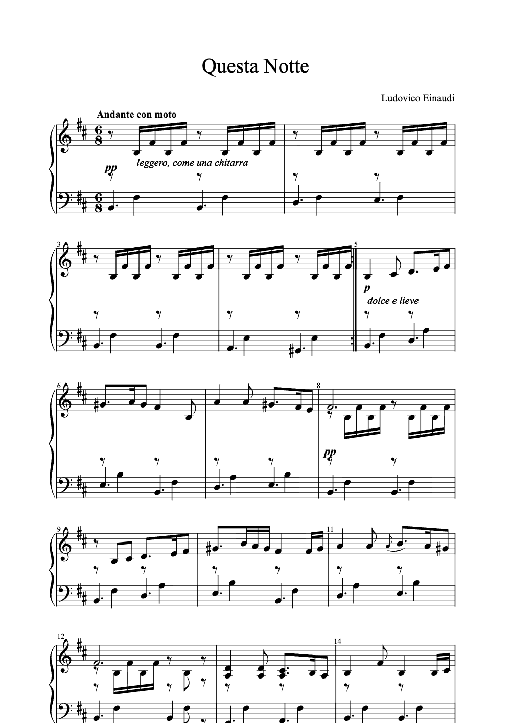 Sheet music preview for Questa Notte